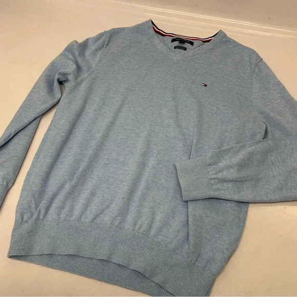 Tommy Hilfiger V Neck Sweater Men Medium Blue 100% Cotton Stretch Logo - Picture 6 of 10
